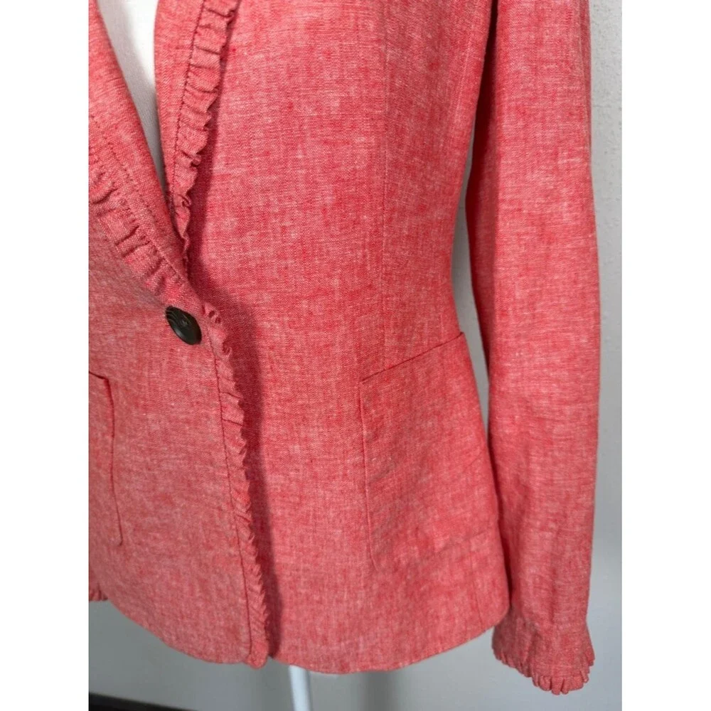 Boden Red Linen Blend Blazer Ruffle Trim Jacket Tailored UK 10 US 6 Career Chic